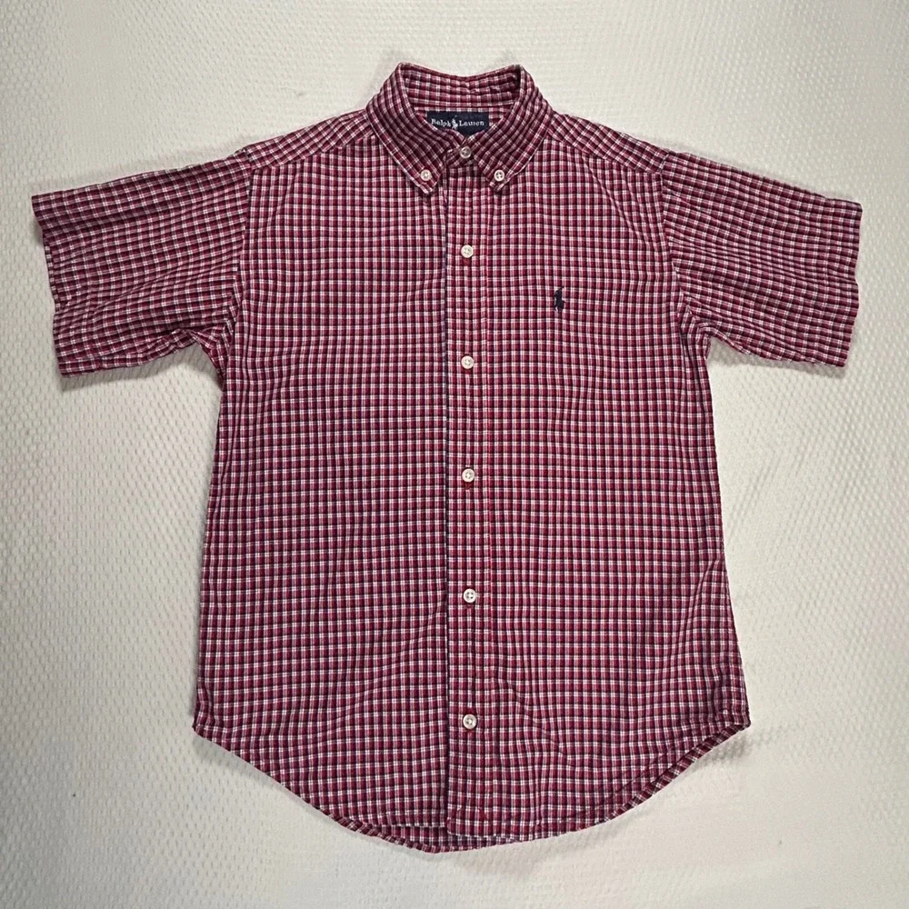 Ralph Lauren Boys 7 Red White Blue Plaid Short Sleeve Button Down Shirt Preppy